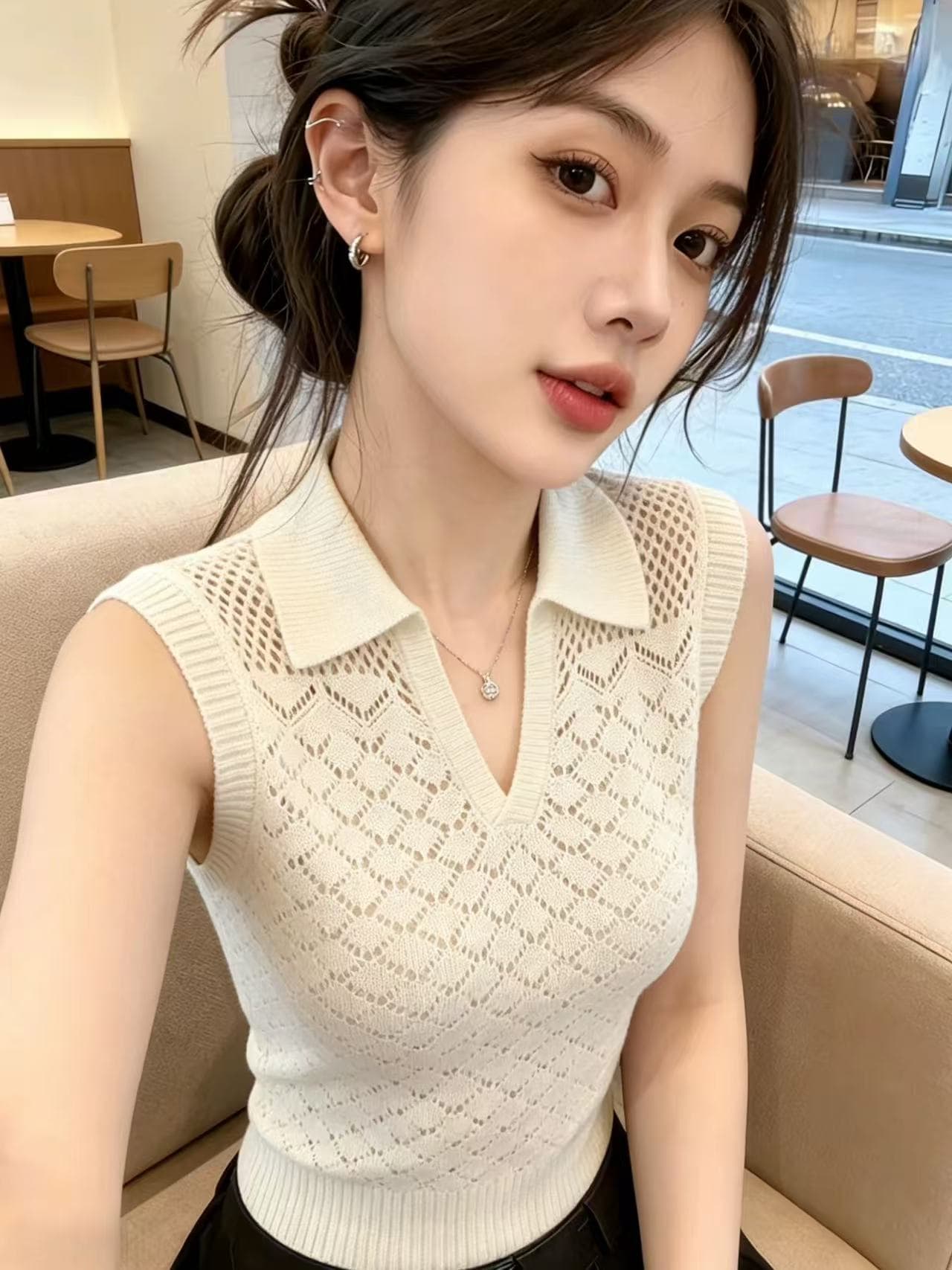 한 부서 POLO 칼라 홀로우 아웃 민소매 니트 스웨터 여성 2026 여름 새로운 몸매 가꾸기 슬림해 보이는 외국 가스 연령 감소 맨위 트렌디 이미지 3