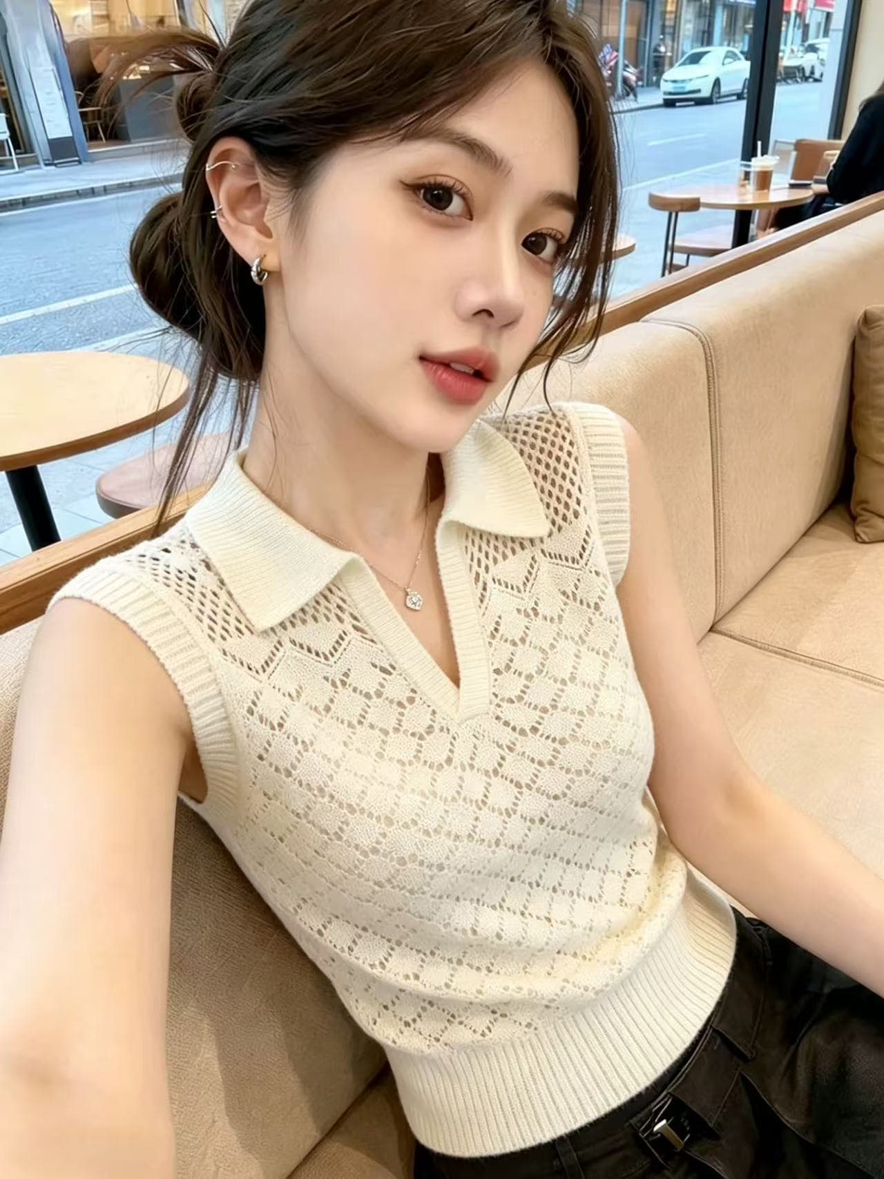 한 부서 POLO 칼라 홀로우 아웃 민소매 니트 스웨터 여성 2026 여름 새로운 몸매 가꾸기 슬림해 보이는 외국 가스 연령 감소 맨위 트렌디 이미지 2