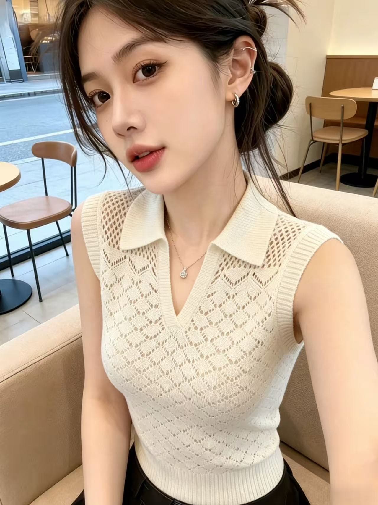 한 부서 POLO 칼라 홀로우 아웃 민소매 니트 스웨터 여성 2026 여름 새로운 몸매 가꾸기 슬림해 보이는 외국 가스 연령 감소 맨위 트렌디 이미지 4