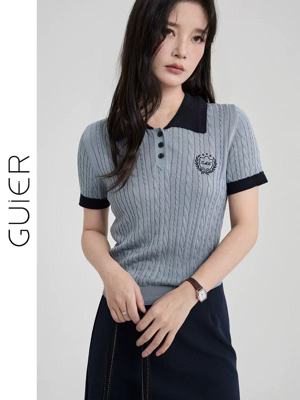 guierpolo 칼라 니트 스웨터 여성 2026 새로운 여름 배색 긍정적 인 어깨 학원 스타일 반팔 맨위 상세 이미지 4