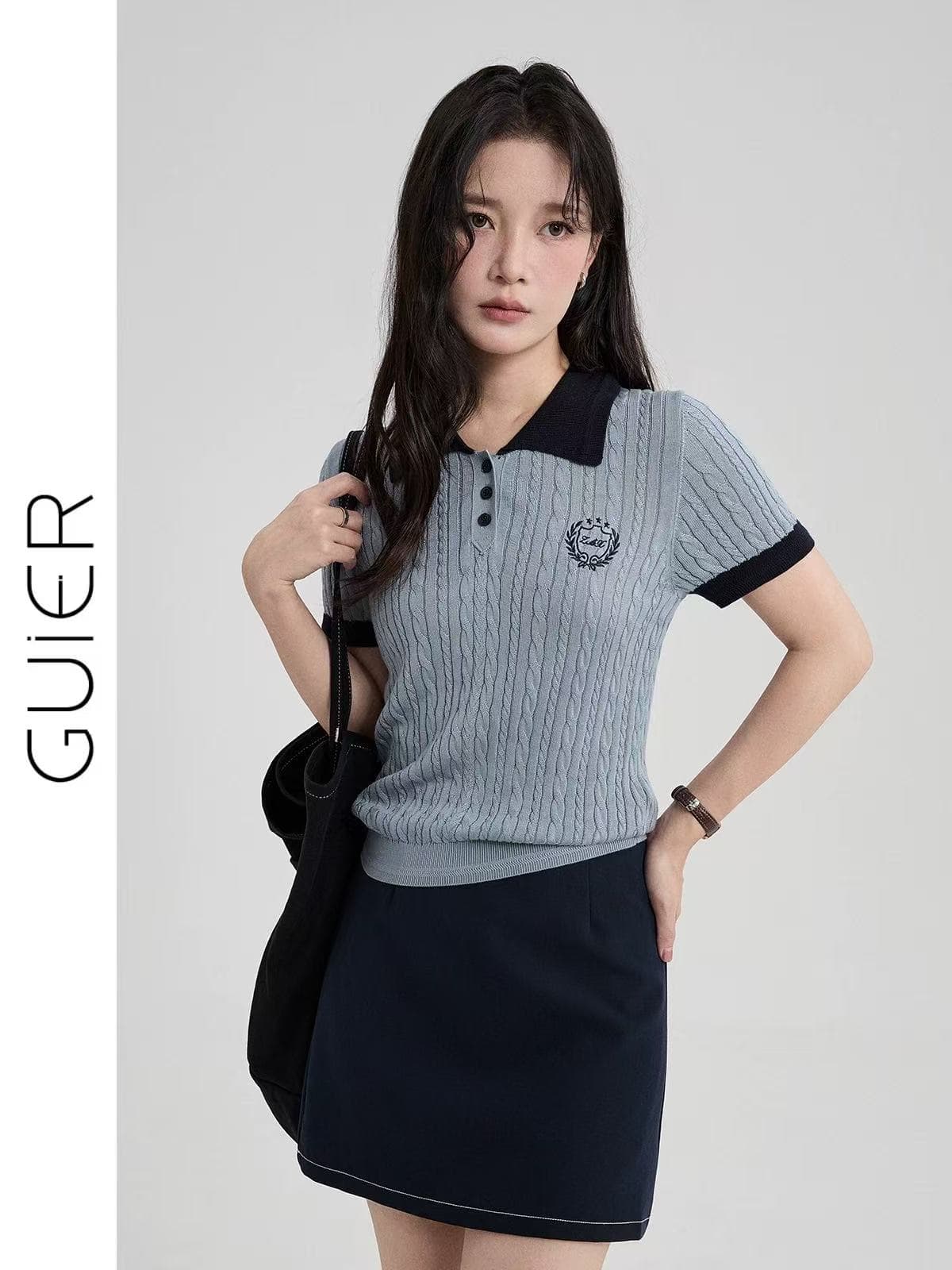 guierpolo 칼라 니트 스웨터 여성 2026 새로운 여름 배색 긍정적 인 어깨 학원 스타일 반팔 맨위 상세 이미지 5