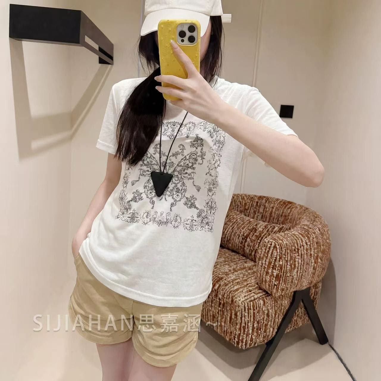 생각하기 지아 한 문예 레트로 배색 자수 반팔 대나무 마디 마 티셔츠 여성 26 봄 여름 새로운 디자인 센스 맨위 상세 이미지 3