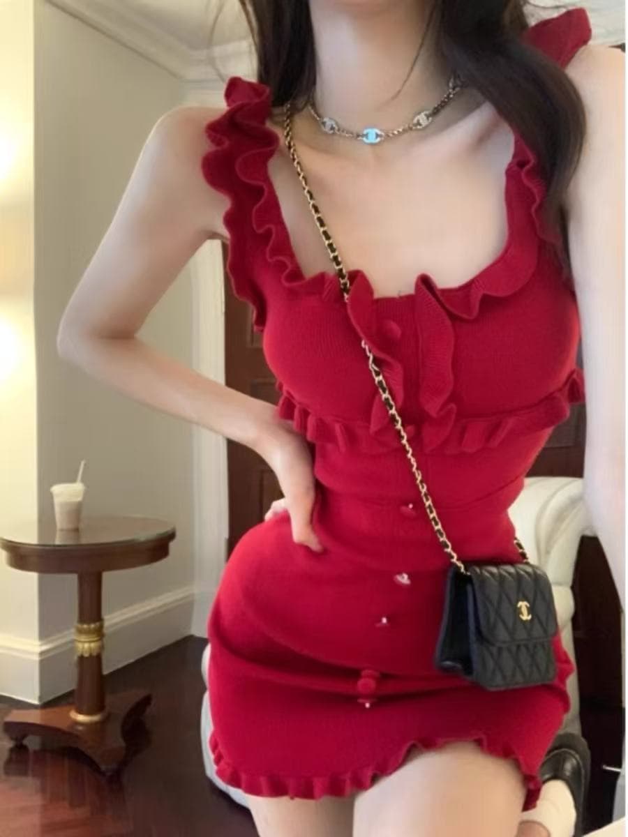 순수한 욕망 달콤한 매운맛 프릴 니트 슬립 여성 드레스 여름 디자인 센스 작은 대중 몸매 가꾸기 빨간색 타이트 스커트 미니 스커트 상세 이미지 5
