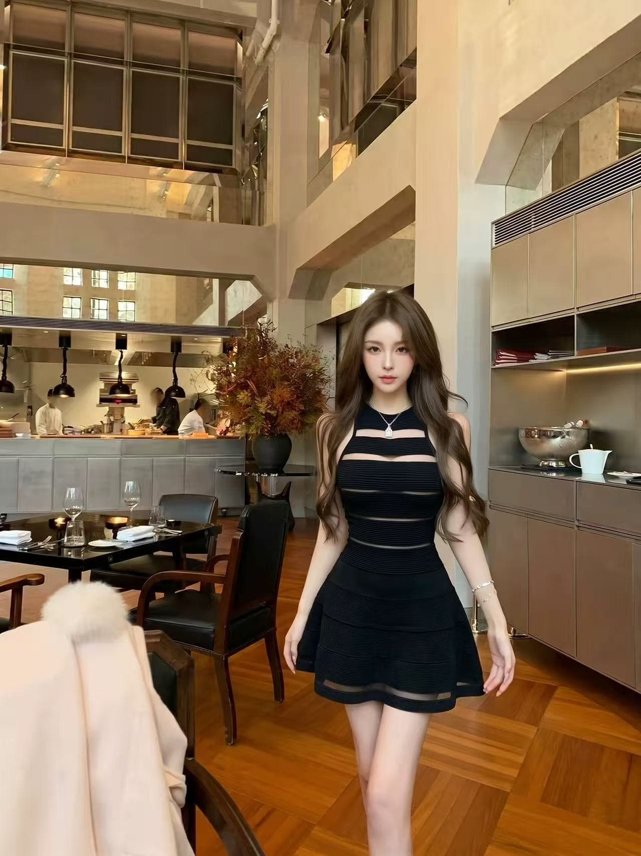 명문 여성 품격 바람 망사 패치워크 니트 여성 드레스 여름 작은 키 몸매 가꾸기 슬림해 보이는 섹시함 홀로우 아웃 미니 스커트 상세 이미지 4