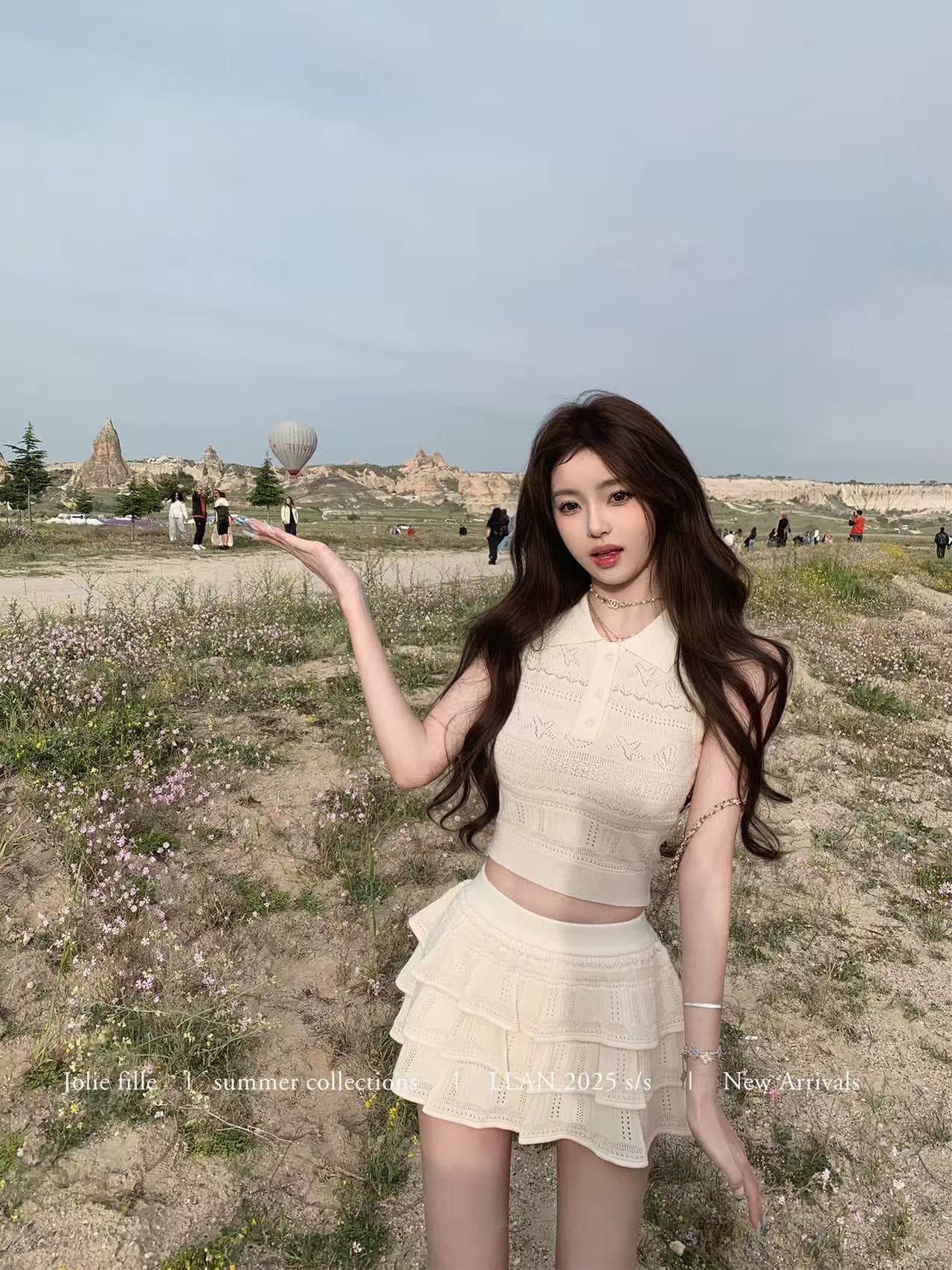 너 ~ 중 게으른 llan 소녀 편안함 지구 폴로 칼라 계층의 감각 니트 조끼 프릴 반 스커트 세트