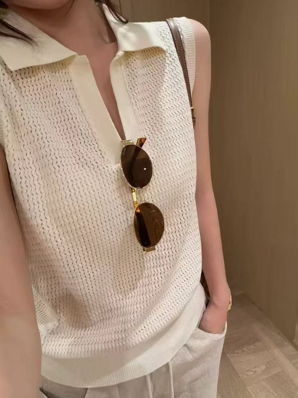 프랑스식 얼음 실크 홀로우 아웃 POLO 칼라 민소매 조끼 여성 여름 고유 한 품격 루즈핏 슬림해 보이는 다용도 어깨 맨위 이미지 4