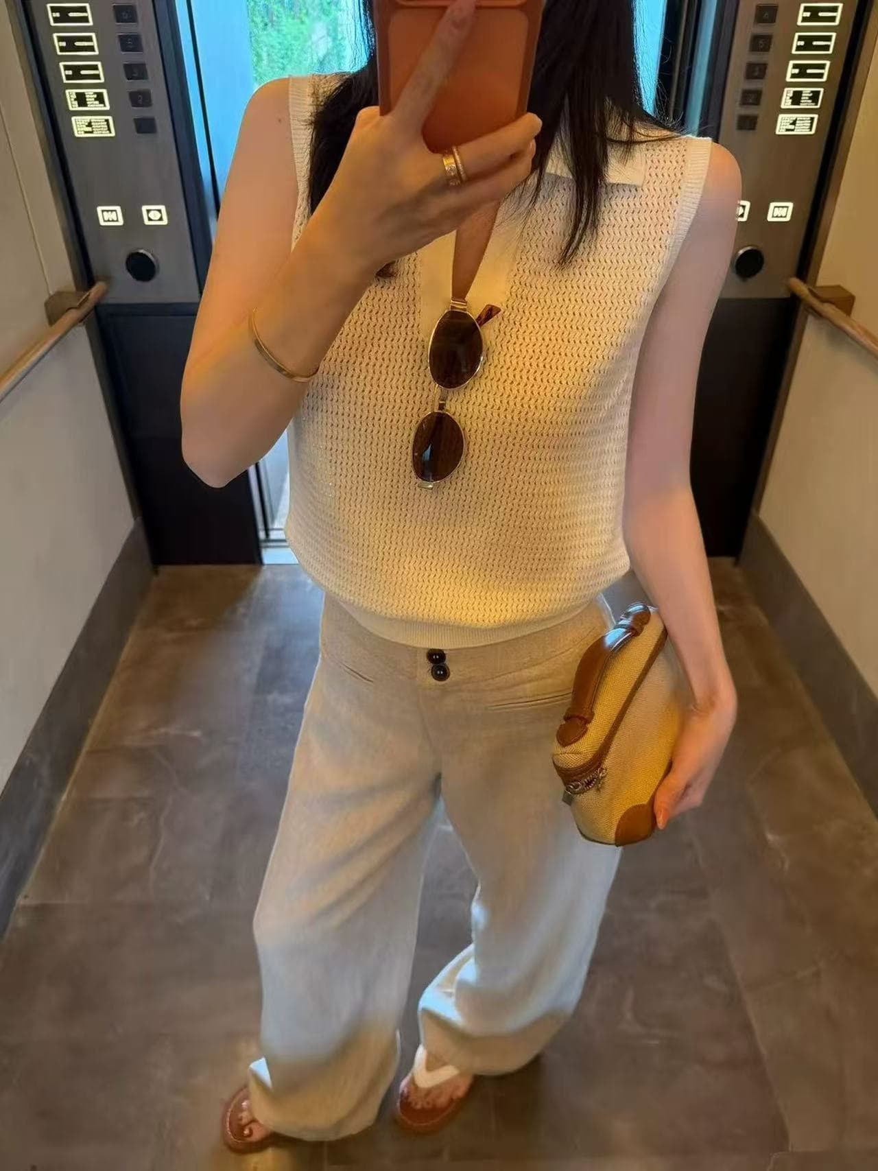 프랑스식 얼음 실크 홀로우 아웃 POLO 칼라 민소매 조끼 여성 여름 고유 한 품격 루즈핏 슬림해 보이는 다용도 어깨 맨위 상세 이미지 5