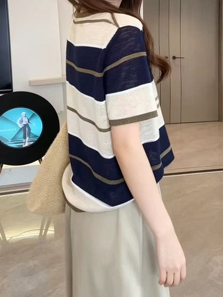 Annan uwsv 새로운 2026 여름 캐주얼 출퇴근 여자 루즈핏 라운드 넥 반팔 패치워크 색상 스트라이프 니트 스웨터 상세 이미지 5