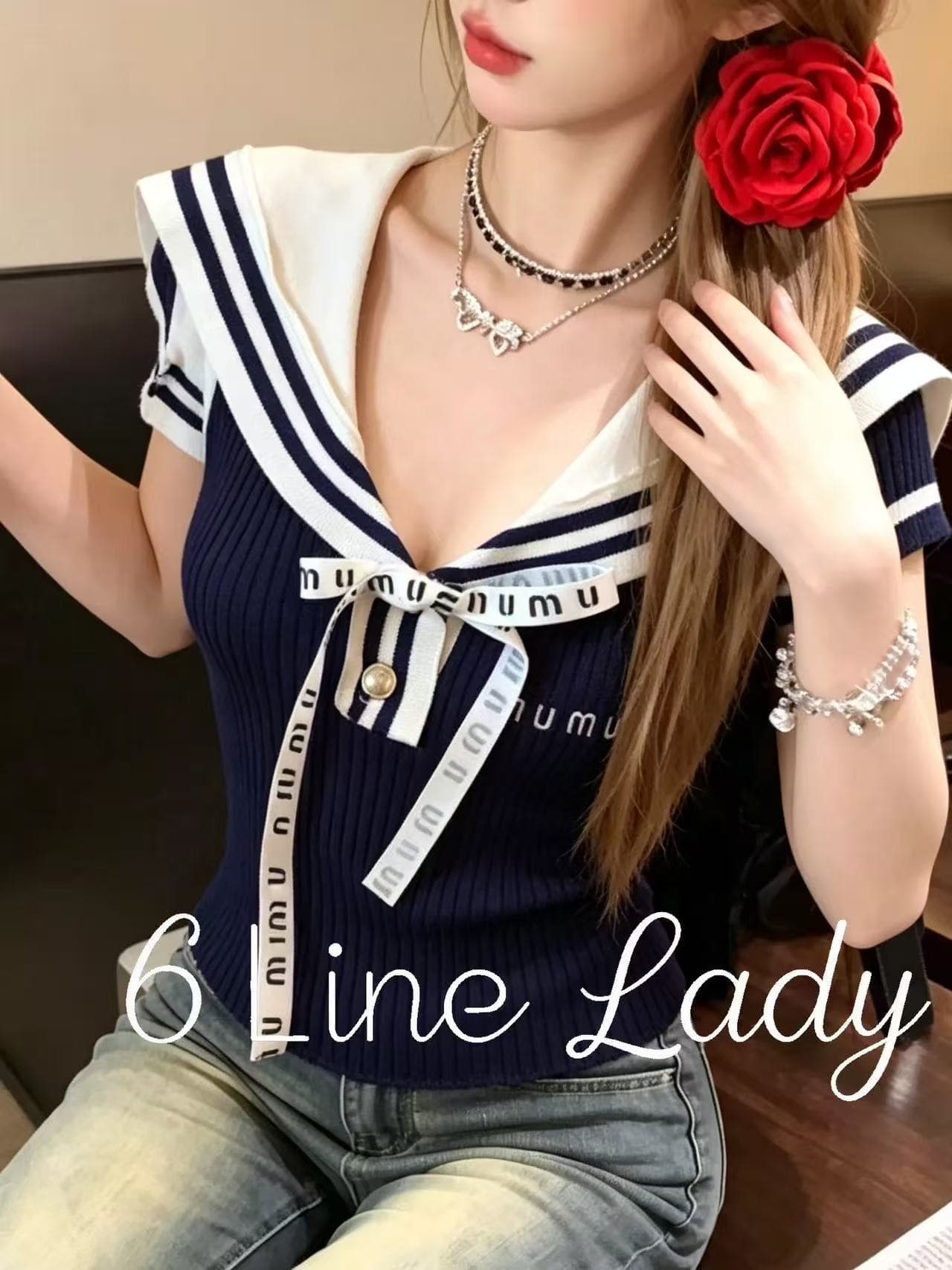 6linelady 달콤한 자매 바람 선원 칼라 작은 셔츠 여성 여름 학원 스타일 배색 나비 매듭 몸매 가꾸기 민소매 맨위 이미지 3