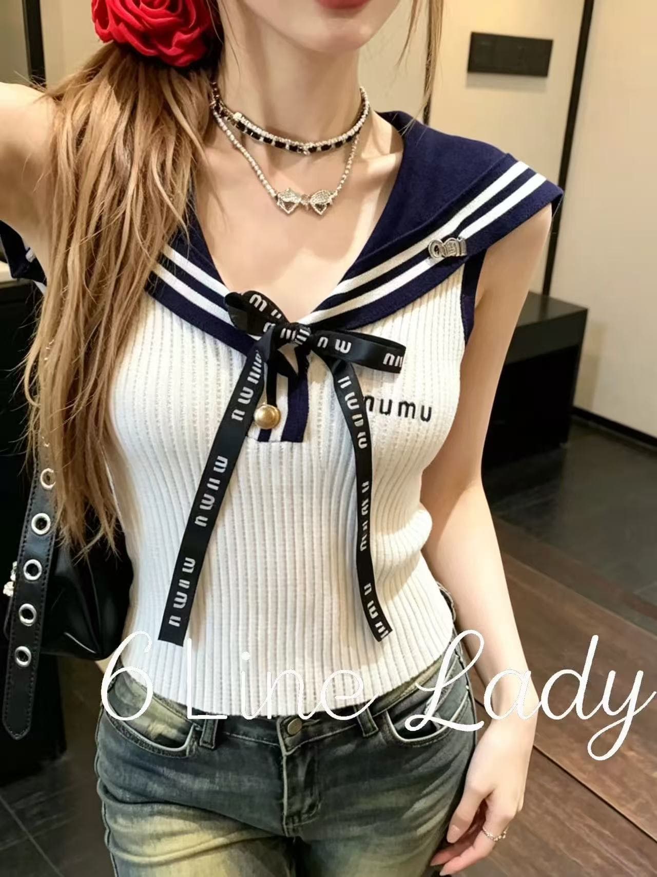 6linelady 달콤한 자매 바람 선원 칼라 작은 셔츠 여성 여름 학원 스타일 배색 나비 매듭 몸매 가꾸기 민소매 맨위 상세 이미지 1