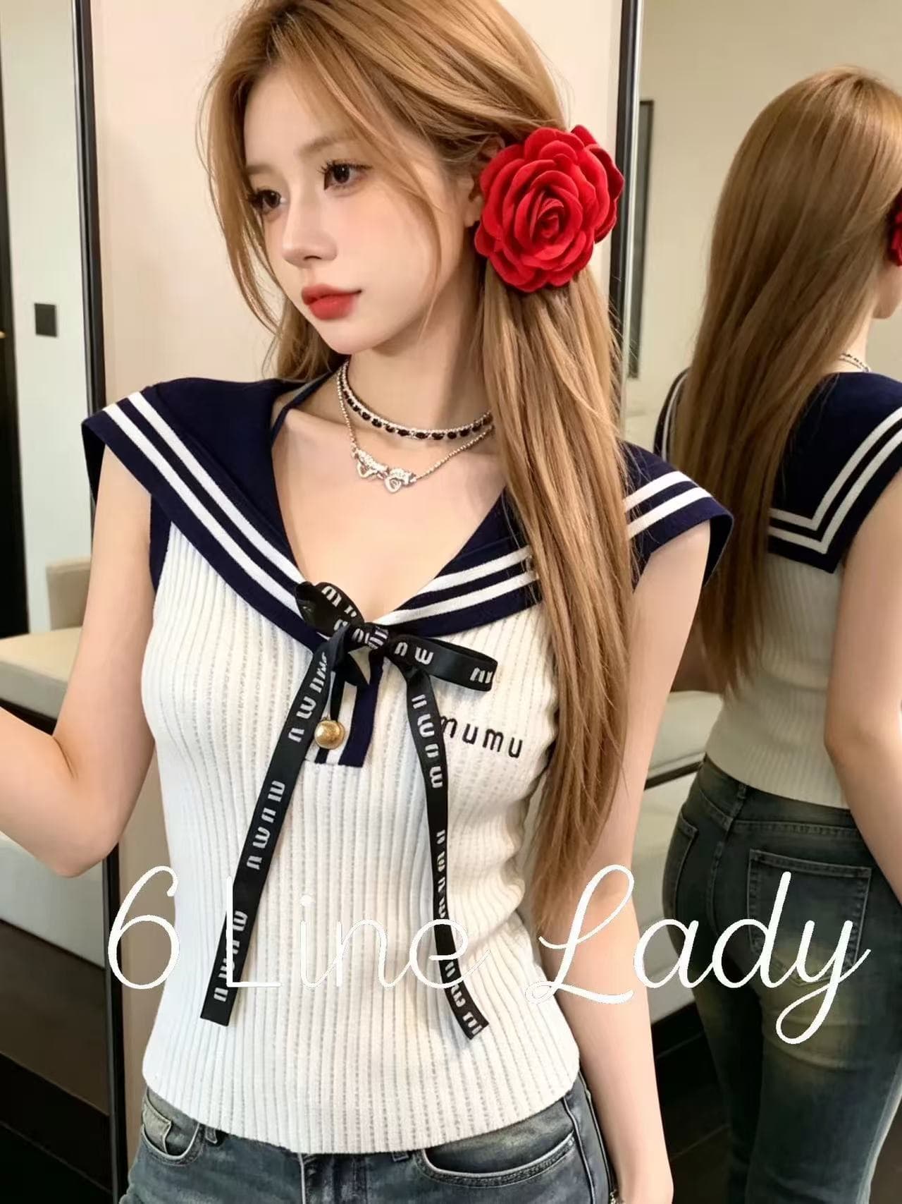 6linelady 달콤한 자매 바람 선원 칼라 작은 셔츠 여성 여름 학원 스타일 배색 나비 매듭 몸매 가꾸기 민소매 맨위 상세 이미지 2