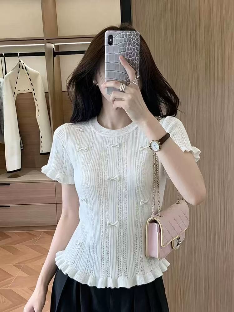 프랑스식 달콤한 매운맛 나비 매듭 홀로우 아웃 Chic 반팔 니트 스웨터 여성 2026 여름 새로운 몸매 가꾸기 프릴 맨위 상세 이미지 5