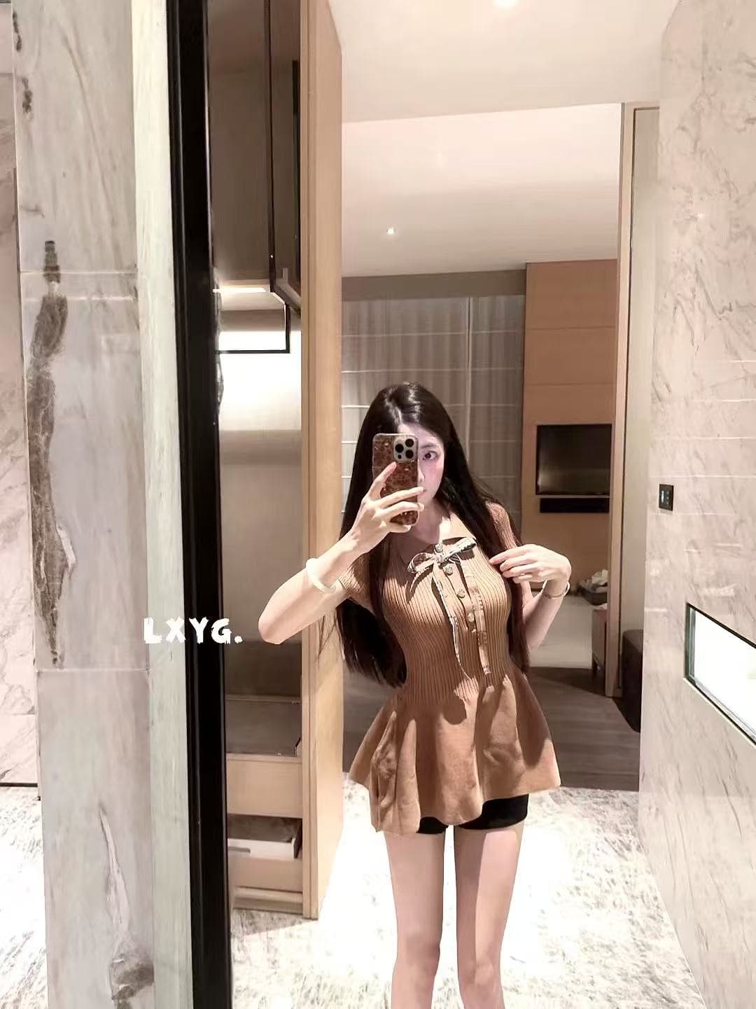 2026 봄 여름 새로운 학원 POLO 칼라 나비 매듭 몸매 가꾸기 니트 꽃밭 맨위 lxyg 프랑스식 허리 수축 미니 스커트 상세 이미지 3