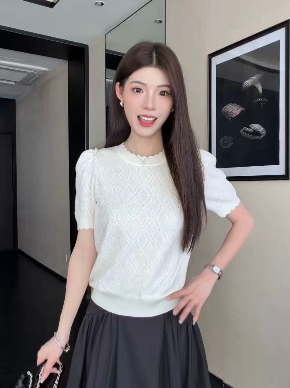 ziyi 프랑스식 품격 자카드 반팔 티셔츠 여성 2026 여름 섹션 디자인 센스 니트 스웨터 맨위 zz-0213 이미지 3