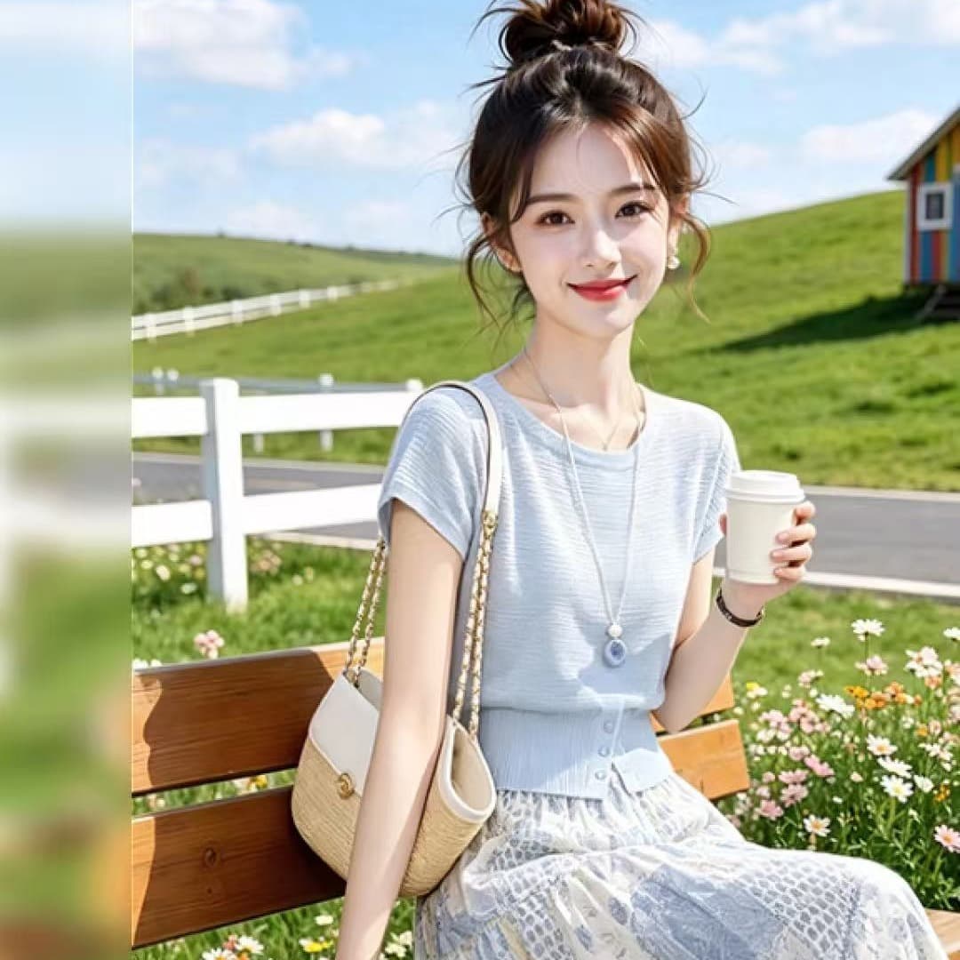 루오 펜 원단 이야기 여성 의류 패션 반팔 니트 스웨터 맨위 가져 가라. 슬림해 보이는 프린트 반 스커트 2026 여름 새로운 이미지 5