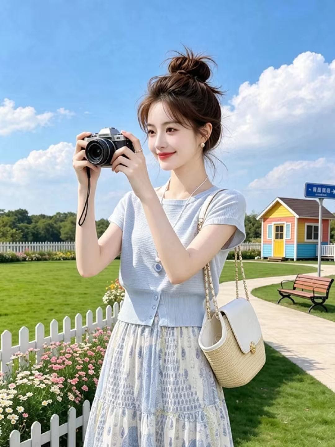 루오 펜 원단 이야기 여성 의류 패션 반팔 니트 스웨터 맨위 가져 가라. 슬림해 보이는 프린트 반 스커트 2026 여름 새로운 상세 이미지 3
