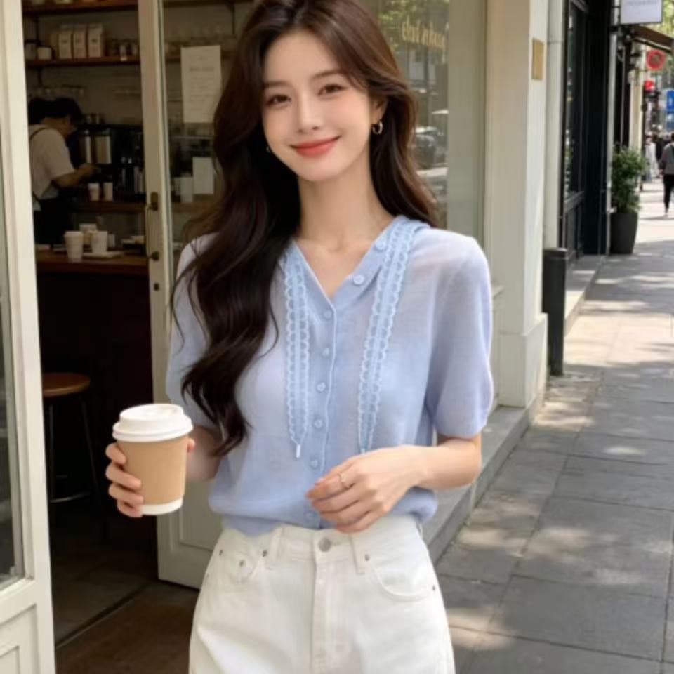 2026 여름 새로운 한 부서 도파민 연령 감소 반팔 니트 스웨터 고유 한 아름다운 슬림해 보이는 품격 다용도 맨위 이미지 5