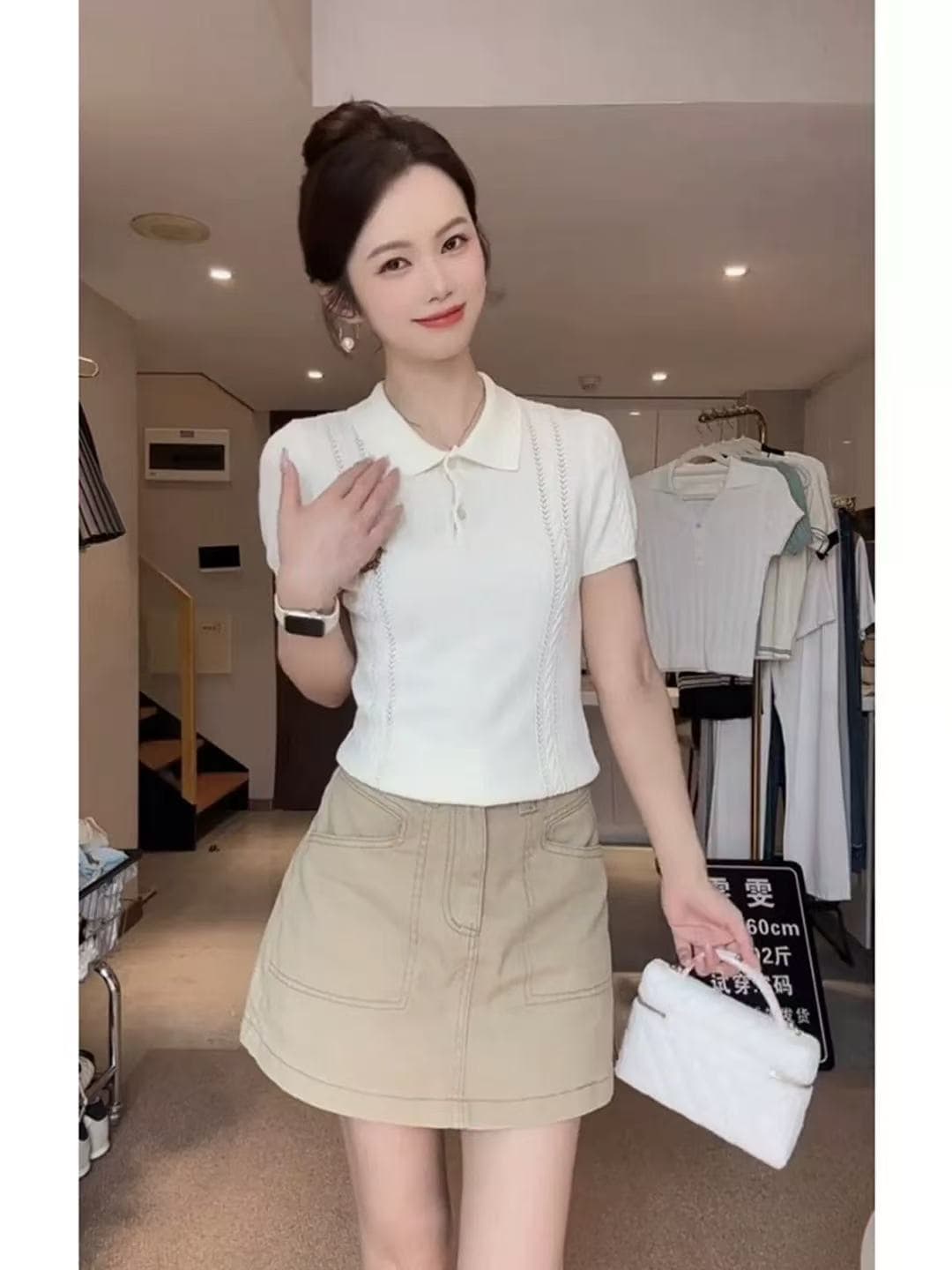 프랑스식 홀로우 아웃 강아지 자수 화이트 반팔 얼음 실크 니트 티셔츠 여성 여름 몸매 가꾸기 폴로 칼라 POLO 셔츠 맨위