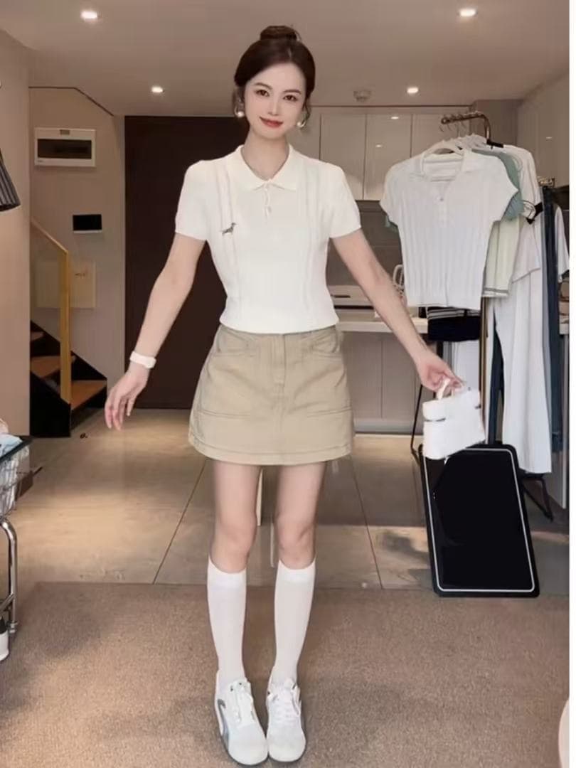 프랑스식 홀로우 아웃 강아지 자수 화이트 반팔 얼음 실크 니트 티셔츠 여성 여름 몸매 가꾸기 폴로 칼라 POLO 셔츠 맨위 이미지 2