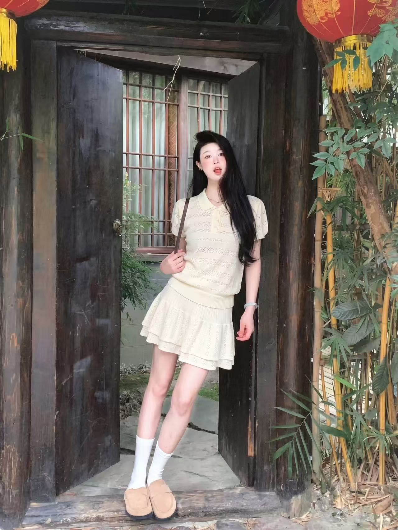 femalepilot 한 부서 소녀 바람 베이비 칼라 니트 세트 반팔 맨위 이중층 반신 스커트 투피스 세트