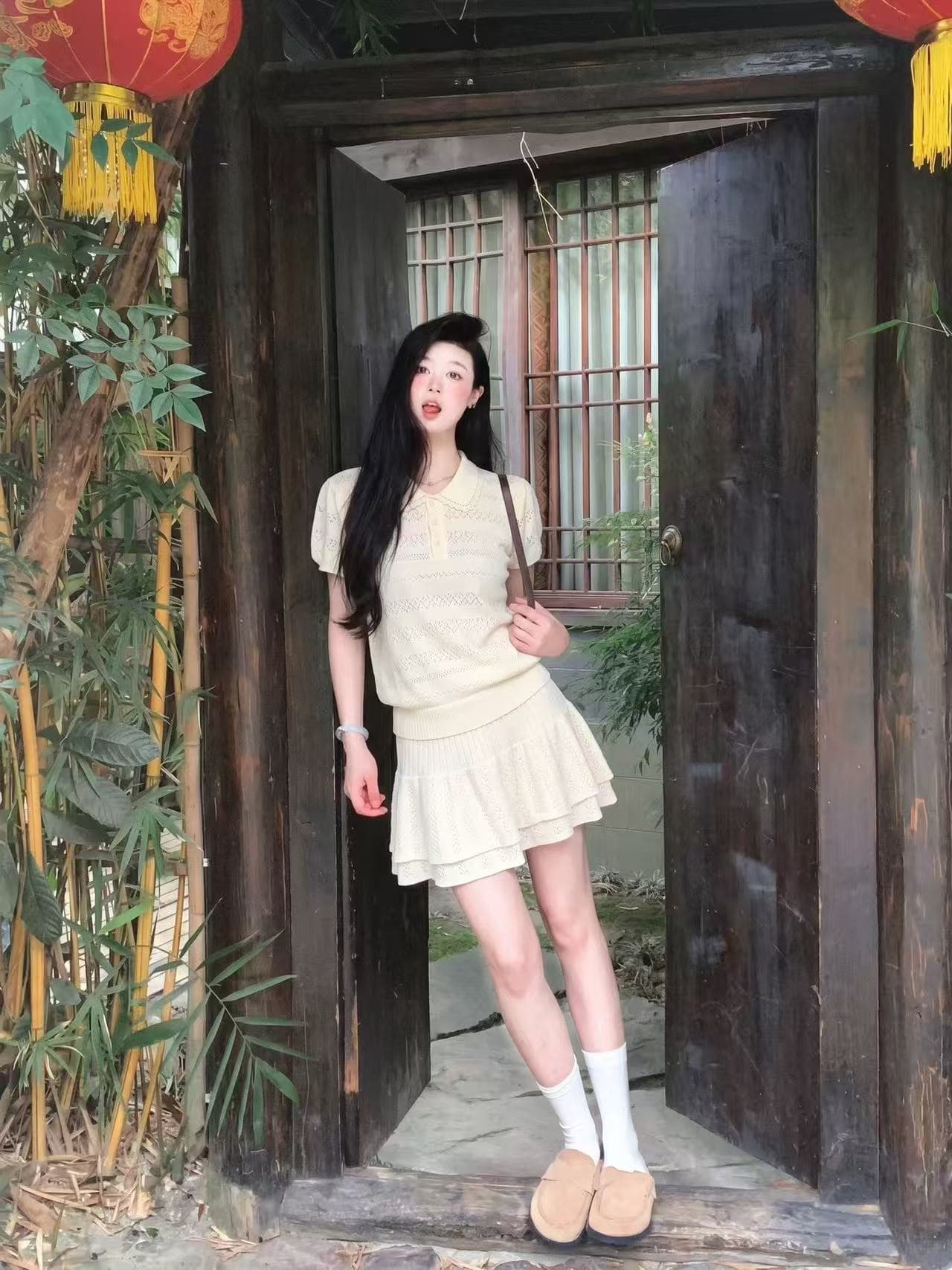 femalepilot 한 부서 소녀 바람 베이비 칼라 니트 세트 반팔 맨위 이중층 반신 스커트 투피스 세트 이미지 2