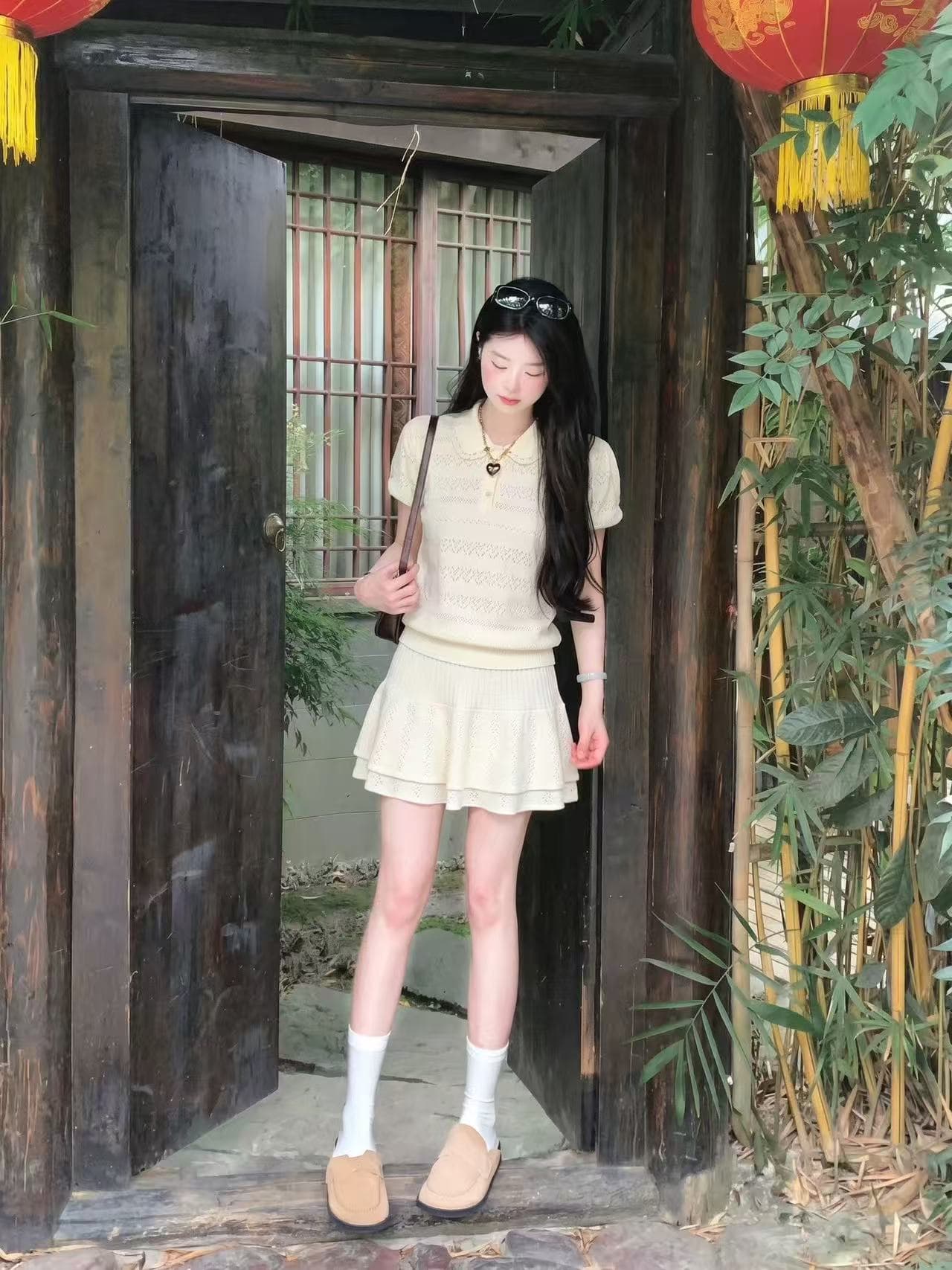 femalepilot 한 부서 소녀 바람 베이비 칼라 니트 세트 반팔 맨위 이중층 반신 스커트 투피스 세트 상세 이미지 2