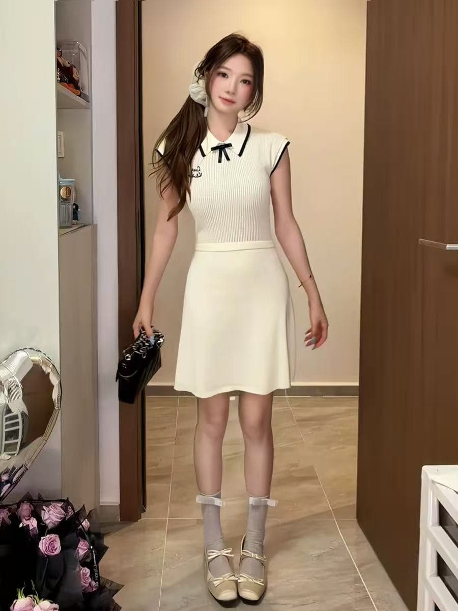 달콤함 천 금빛 바람 니트 여성 드레스 여름 새로운 폴로 칼라 나비 매듭 허리 수축 슬림해 보이는 품격 한 마디 미니 스커트 이미지 2