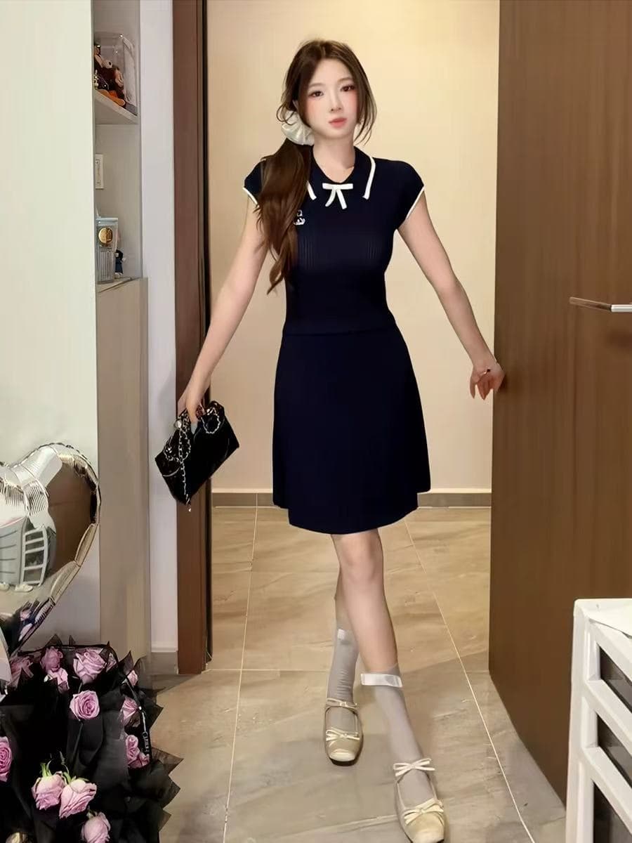 달콤함 천 금빛 바람 니트 여성 드레스 여름 새로운 폴로 칼라 나비 매듭 허리 수축 슬림해 보이는 품격 한 마디 미니 스커트 상세 이미지 4