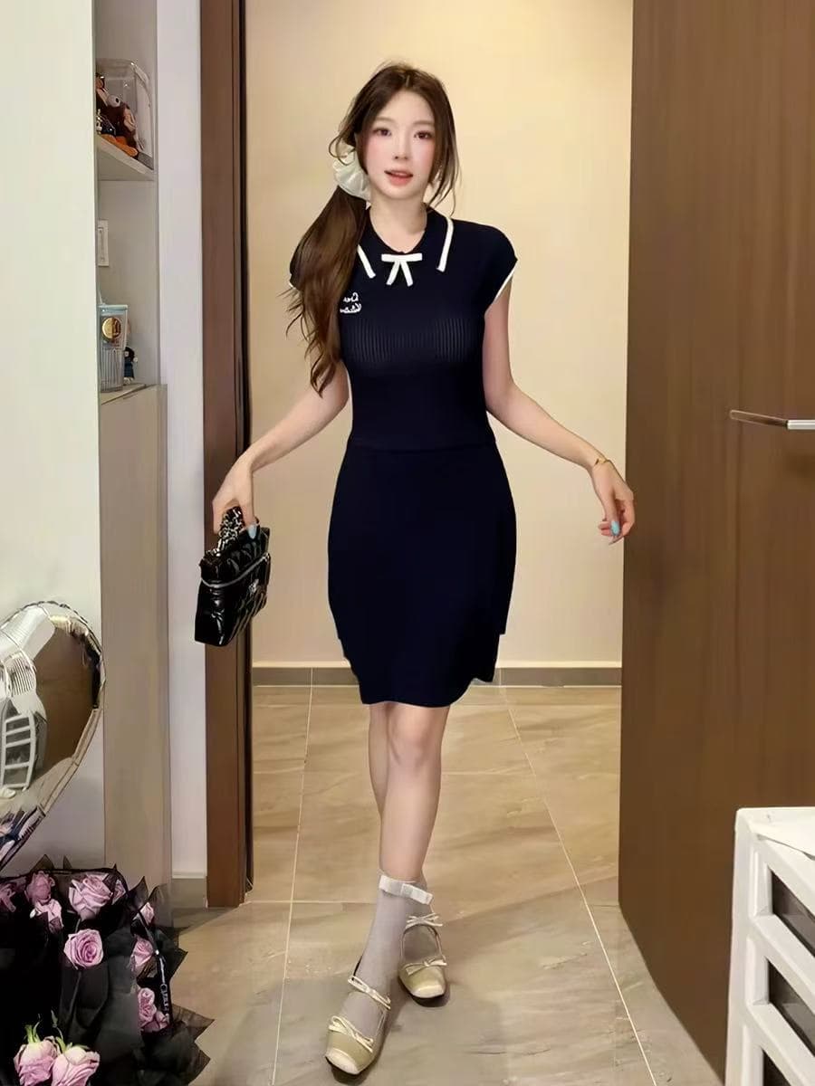 달콤함 천 금빛 바람 니트 여성 드레스 여름 새로운 폴로 칼라 나비 매듭 허리 수축 슬림해 보이는 품격 한 마디 미니 스커트 상세 이미지 5