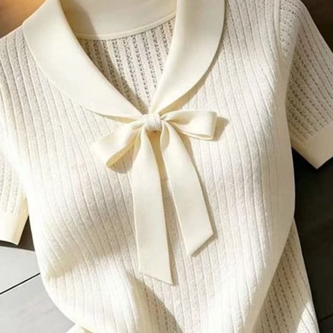 지방 mm 레트로 chic 외국 가스 V넥 나비 매듭 반팔 니트 스웨터 여성 여름 새로운 슈퍼 잘 생긴 슬림해 보이는 맨위 이미지 5