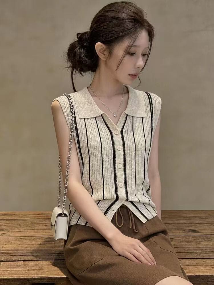 한 부서 레트로 스타일 니트 조끼 여자 여름 새로운 POLO 칼라 세로 줄무늬 허리 수축 슬림해 보이는 작은 대중 민소매 맨위 이미지 2