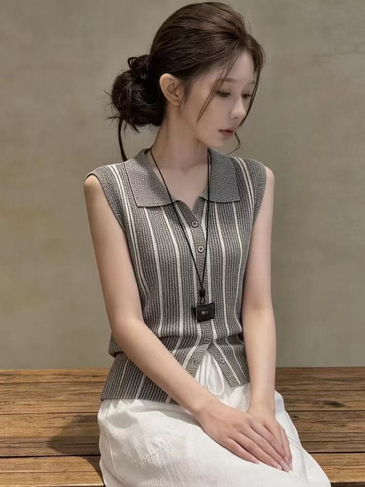 한 부서 레트로 스타일 니트 조끼 여자 여름 새로운 POLO 칼라 세로 줄무늬 허리 수축 슬림해 보이는 작은 대중 민소매 맨위 이미지 3