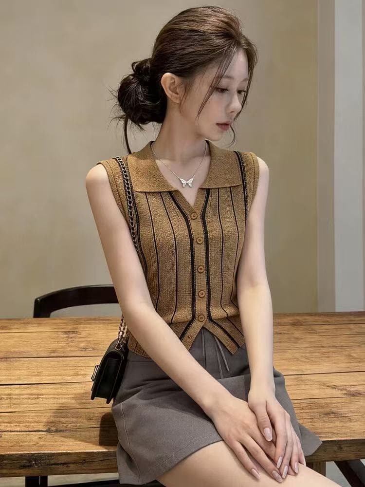 한 부서 레트로 스타일 니트 조끼 여자 여름 새로운 POLO 칼라 세로 줄무늬 허리 수축 슬림해 보이는 작은 대중 민소매 맨위 상세 이미지 1