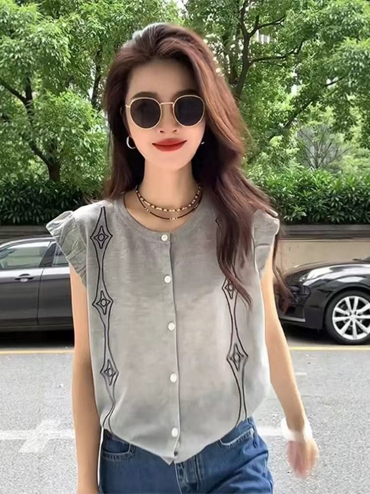한 부서 회색 고급 센스 작은 날다 소매 얼음 실크 티셔츠 여성 여름 디자인 센스 작은 대중 고유 한 Chic 민소매 맨위 이미지 2