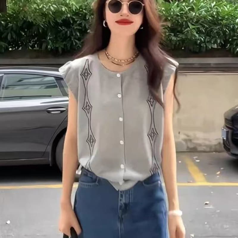 한 부서 회색 고급 센스 작은 날다 소매 얼음 실크 티셔츠 여성 여름 디자인 센스 작은 대중 고유 한 Chic 민소매 맨위 이미지 5