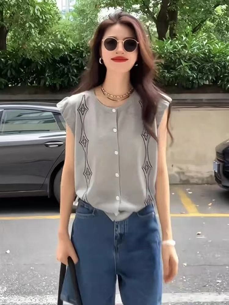 한 부서 회색 고급 센스 작은 날다 소매 얼음 실크 티셔츠 여성 여름 디자인 센스 작은 대중 고유 한 Chic 민소매 맨위 상세 이미지 4