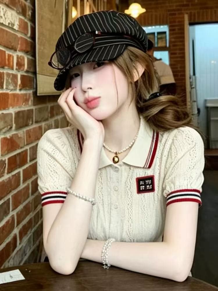 g1 studios 학원 스타일 쌀 화이트 니트 스웨터 여성 여름 빨간색 가장자리 배색 몸매 가꾸기 쇼트 스타일 POLO 칼라 반팔 맨위 이미지 3