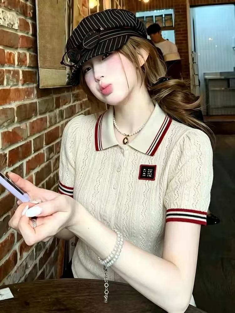 g1 studios 학원 스타일 쌀 화이트 니트 스웨터 여성 여름 빨간색 가장자리 배색 몸매 가꾸기 쇼트 스타일 POLO 칼라 반팔 맨위 상세 이미지 1