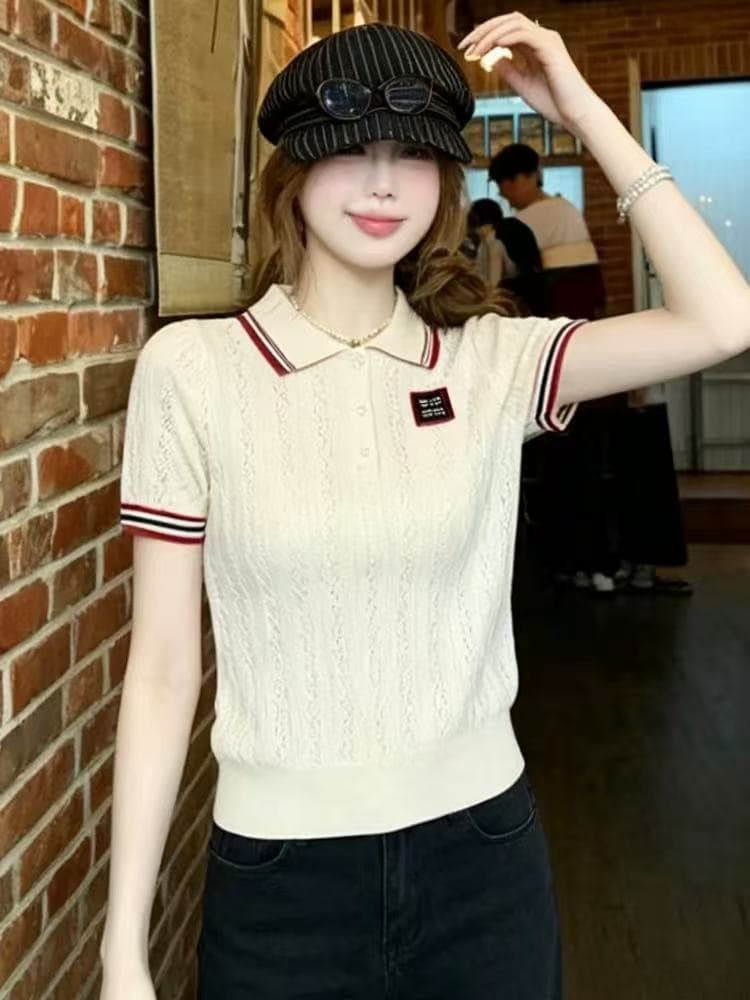 g1 studios 학원 스타일 쌀 화이트 니트 스웨터 여성 여름 빨간색 가장자리 배색 몸매 가꾸기 쇼트 스타일 POLO 칼라 반팔 맨위 상세 이미지 2