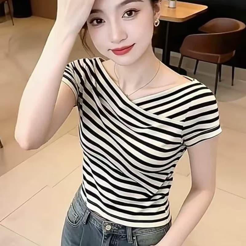 프랑스식 미니멀리즘 패션 디자인 센스 기본 셔츠 고유 한 외국 가스 몸매 가꾸기 슬림해 보이는 스트라이프 반팔 티셔츠 여성 의류 맨위 이미지 5
