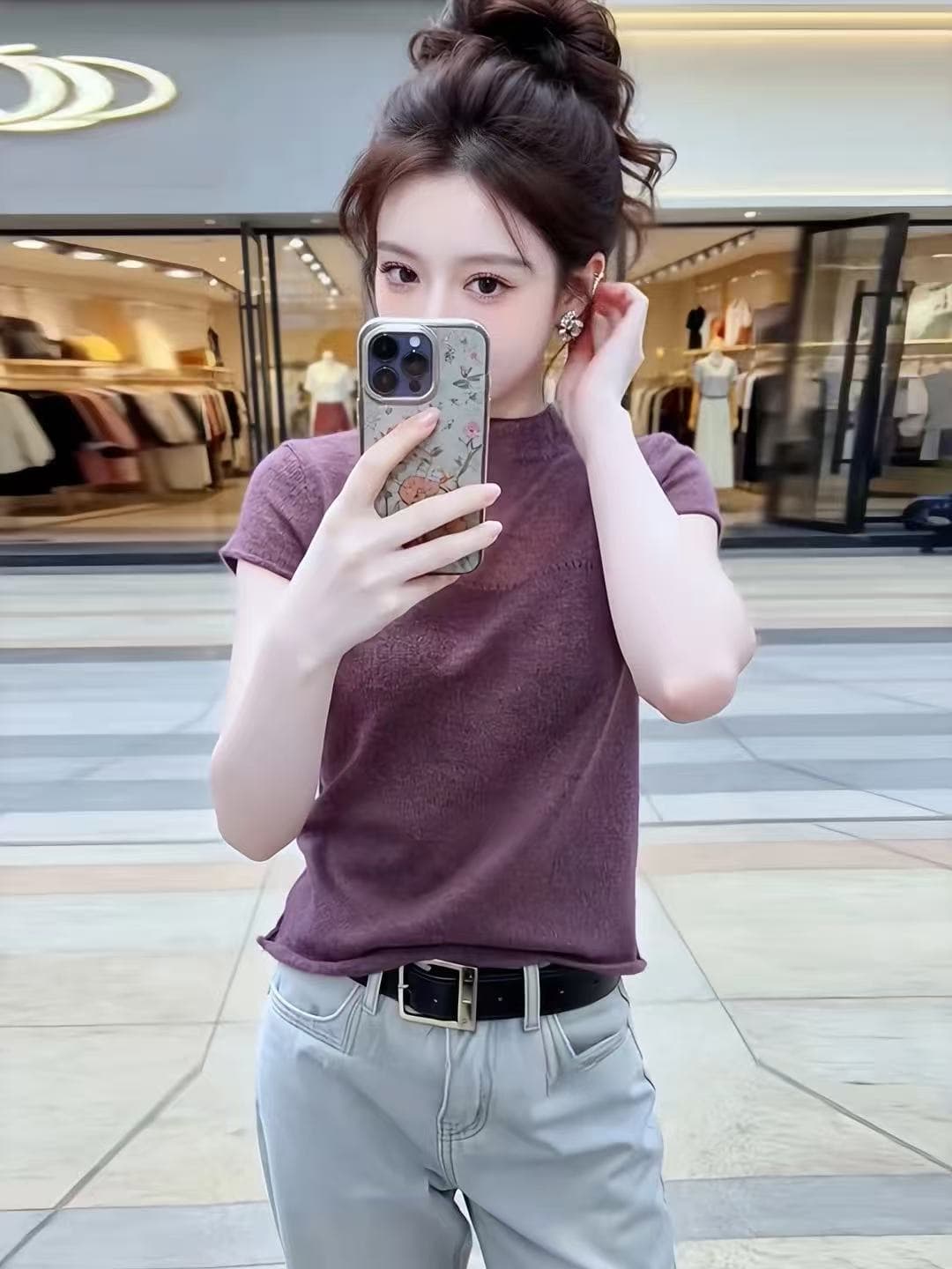 프랑스식 보라색 반하이넥 반팔 니트 스웨터 여성 여름 빅 사이즈 지방 mm 슬림해 보이는 얇은 스타일 고급 센스 외국 가스 맨위 이미지 2