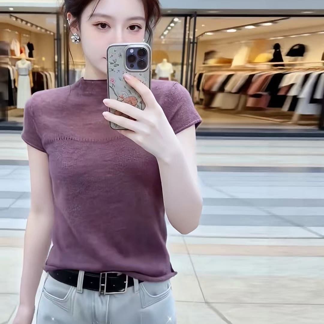 프랑스식 보라색 반하이넥 반팔 니트 스웨터 여성 여름 빅 사이즈 지방 mm 슬림해 보이는 얇은 스타일 고급 센스 외국 가스 맨위 이미지 5
