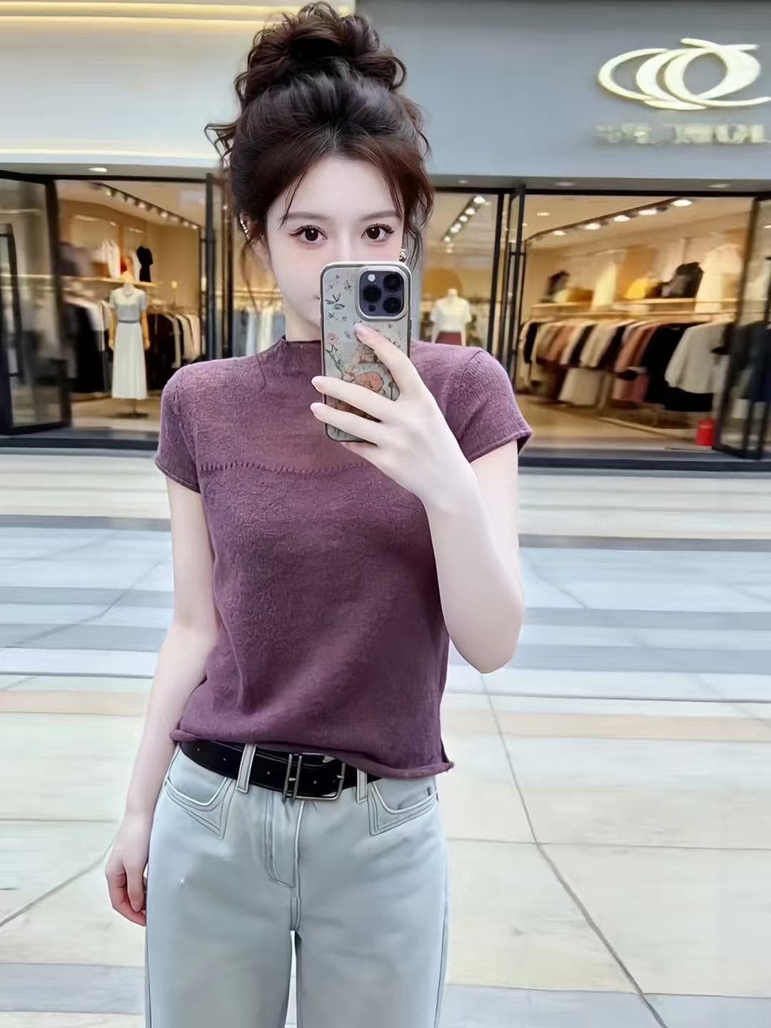 프랑스식 보라색 반하이넥 반팔 니트 스웨터 여성 여름 빅 사이즈 지방 mm 슬림해 보이는 얇은 스타일 고급 센스 외국 가스 맨위 상세 이미지 1