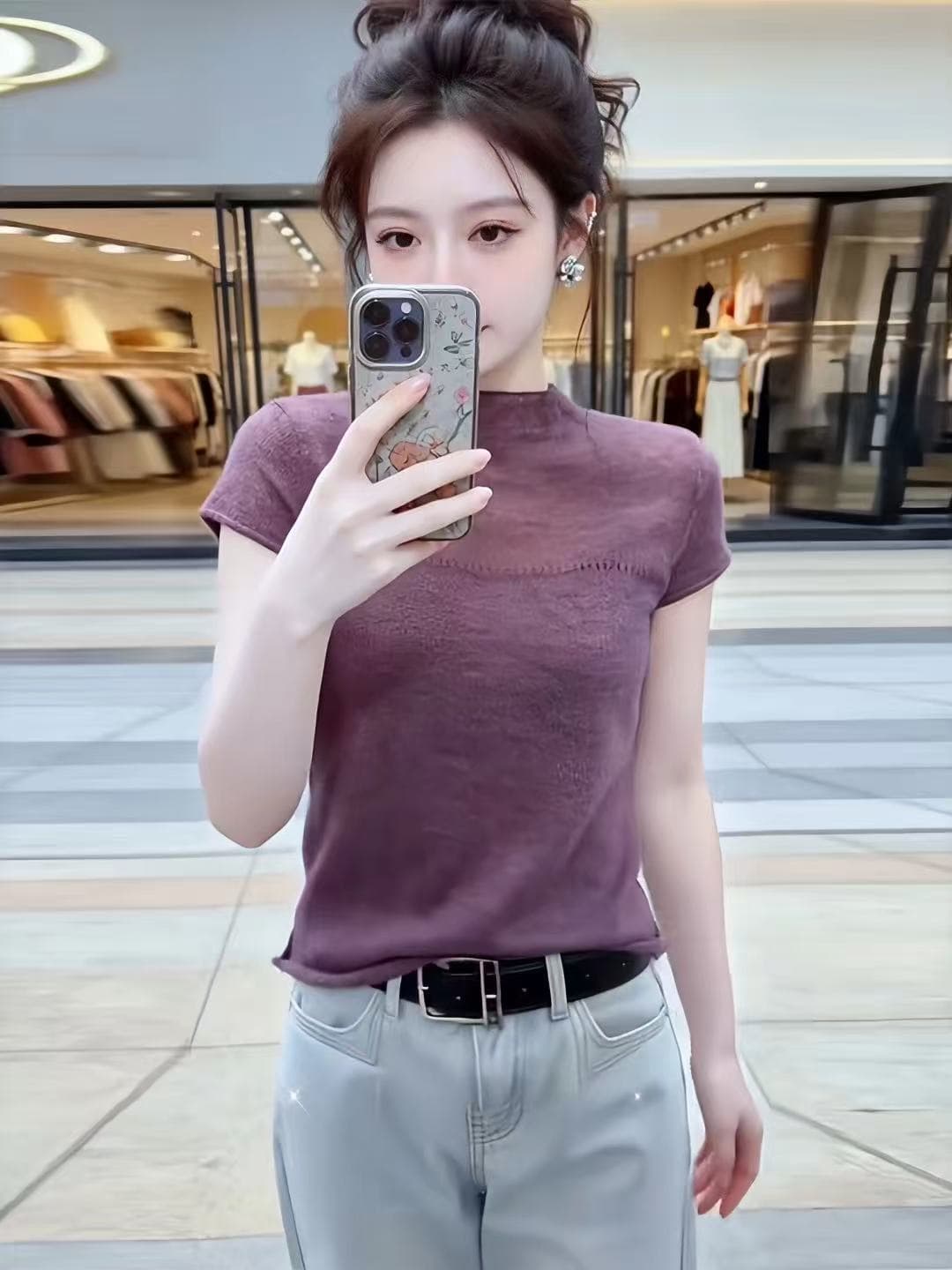 프랑스식 보라색 반하이넥 반팔 니트 스웨터 여성 여름 빅 사이즈 지방 mm 슬림해 보이는 얇은 스타일 고급 센스 외국 가스 맨위 상세 이미지 3