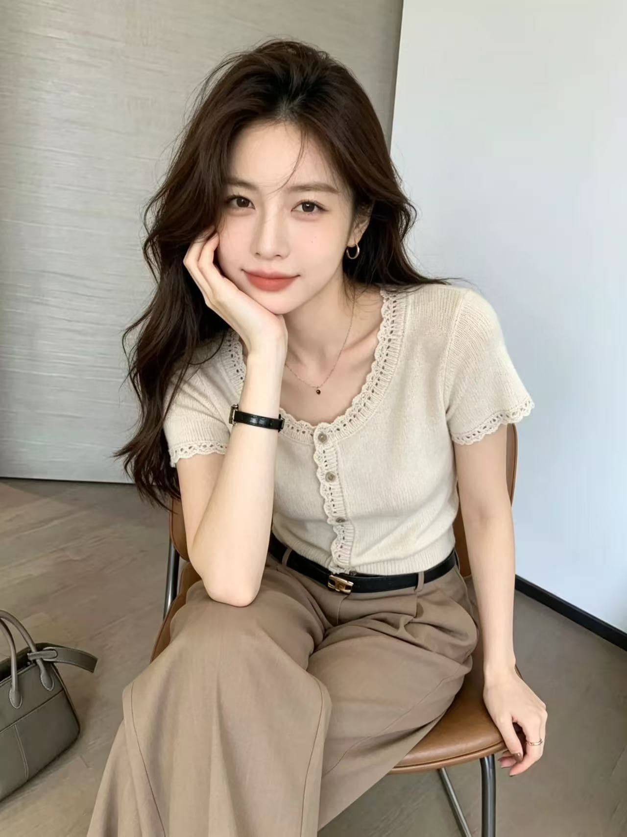 오래된 돈 바람 레이스 니트 반팔 티셔츠 여성 여름 디자인 센스 작은 대중 몸매 가꾸기 쇼트 스타일 긍정적 인 어깨 작은 키 맨위 이미지 3
