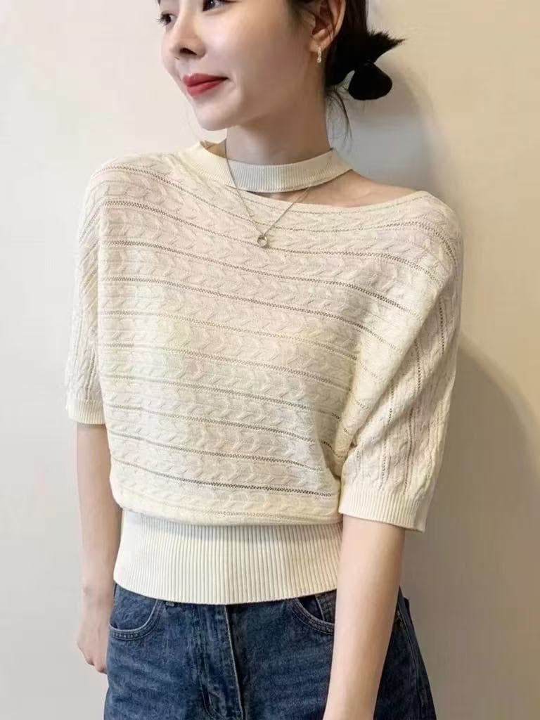행침 목 비스듬한 어깨 얼음 실크 얇은 스타일 반팔 티셔츠 여성 2026 새로운 여름 빅 사이즈 지방 mm 슬림해 보이는 배트윙 소매 맨위 이미지 4