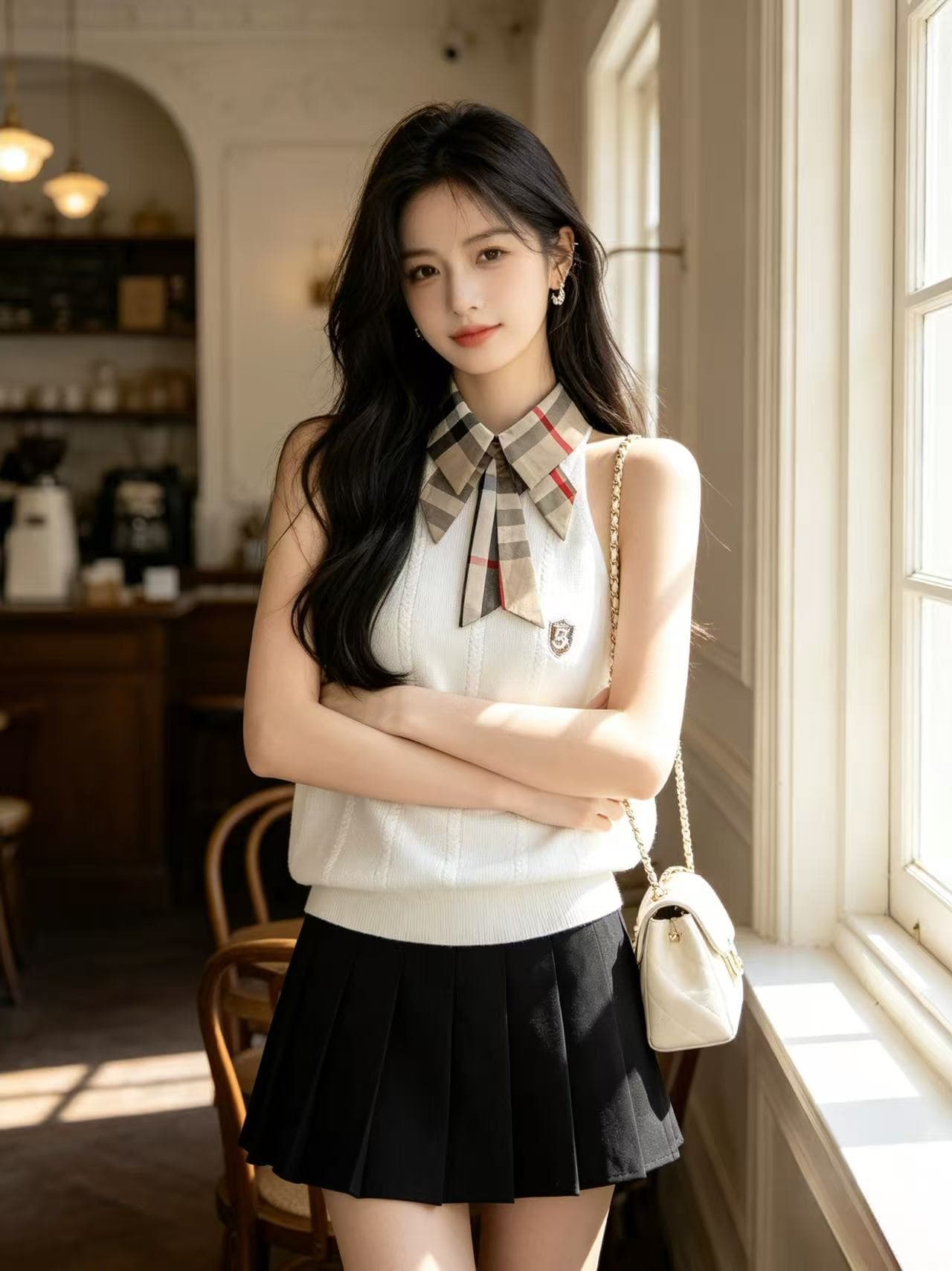 한 부서 핫걸 바람 패션 디자인 센스 체크무늬 폴로 칼라 행침 목 니트 조끼 몸매 가꾸기 민소매 출퇴근 맨위 여름 이미지 4