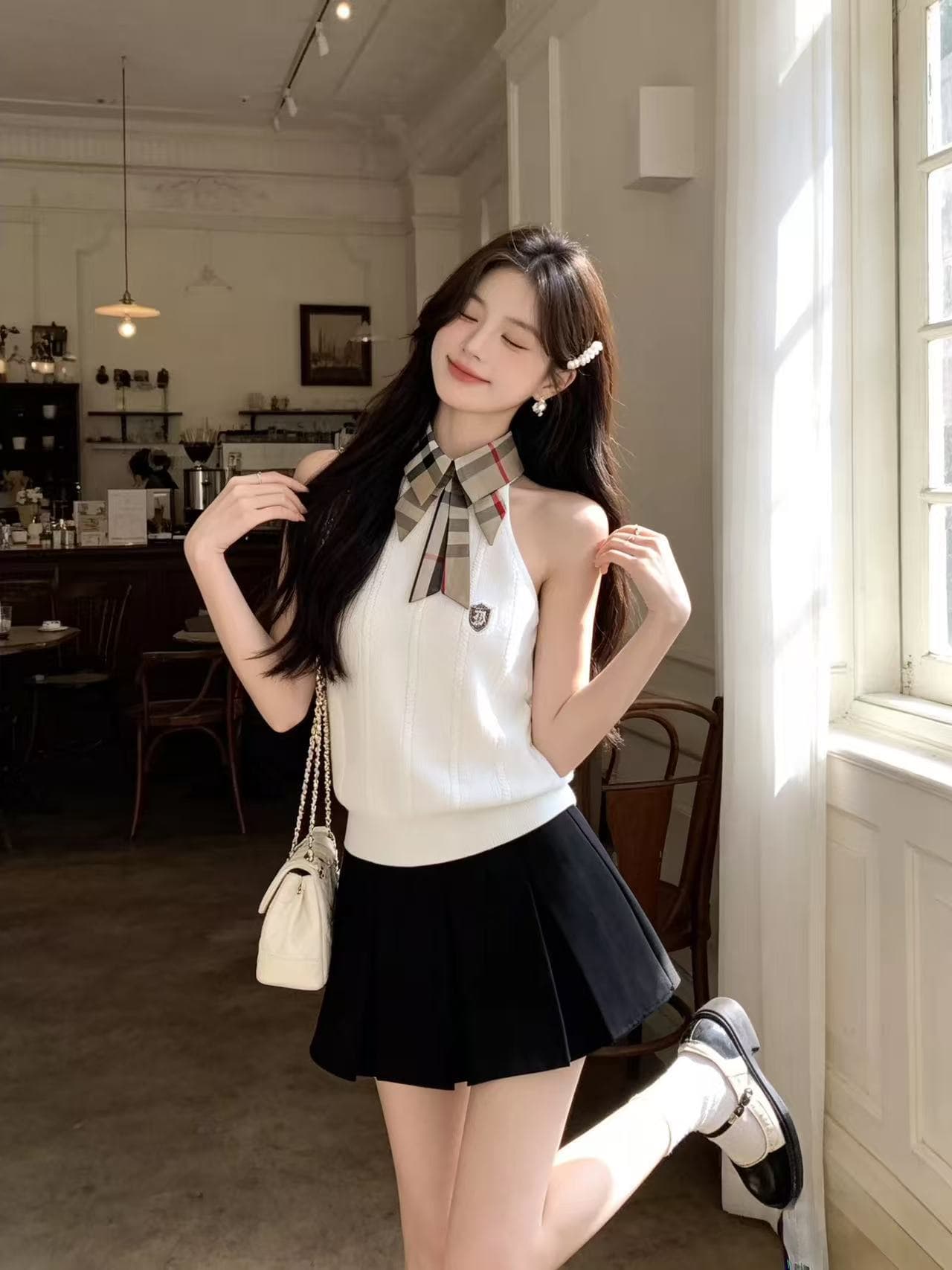 한 부서 핫걸 바람 패션 디자인 센스 체크무늬 폴로 칼라 행침 목 니트 조끼 몸매 가꾸기 민소매 출퇴근 맨위 여름 이미지 2