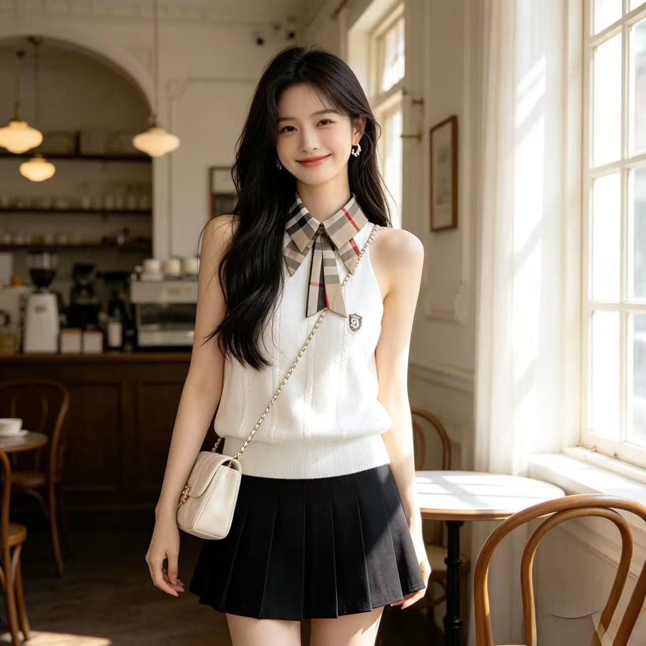 한 부서 핫걸 바람 패션 디자인 센스 체크무늬 폴로 칼라 행침 목 니트 조끼 몸매 가꾸기 민소매 출퇴근 맨위 여름 이미지 3