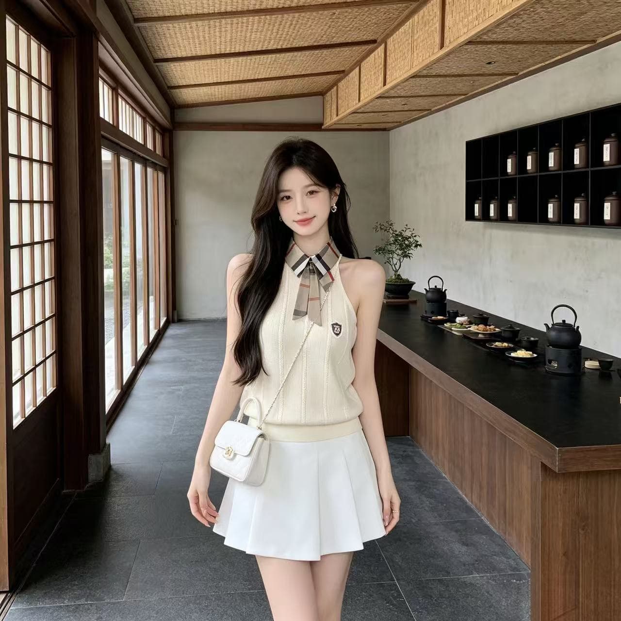 한 부서 핫걸 바람 패션 디자인 센스 체크무늬 폴로 칼라 행침 목 니트 조끼 몸매 가꾸기 민소매 출퇴근 맨위 여름 상세 이미지 5